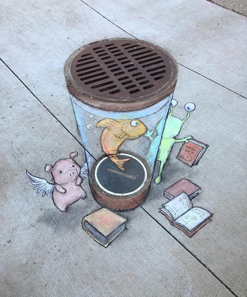 Rysunek Davida Zinna, studzienka kanalizacyjna jako street art. Przez take studzienki wykonujemy na prace WUKO polegające na czyszczeniu kanalizacji