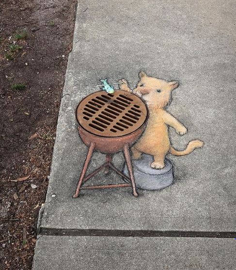 Rysunek Davida Zinna, studzienka kanalizacyjna jako street art. Przez take studzienki wykonujemy na prace WUKO polegające na czyszczeniu kanalizacji