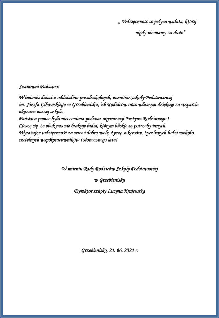 Podziękowania dla Wuko Okulski od Szkoły Podstawowej w Grzebienisku, pow. szamotulski, wielkopolska
